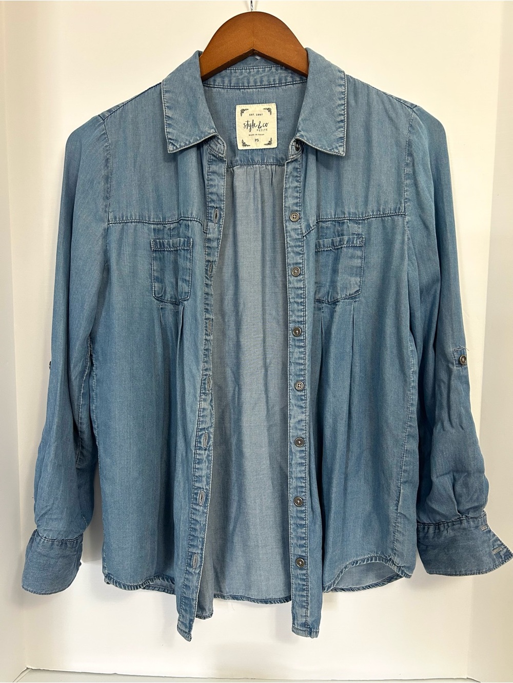 Style & Co. Light Denim chambray Button-Front Roll-Tab Shirt